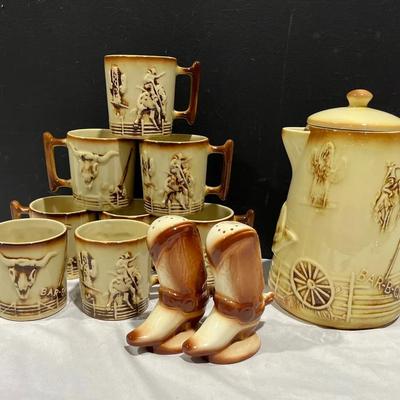 Vintage McCoy El Rancho Cowboy Coffee Server & Mugs + S&P