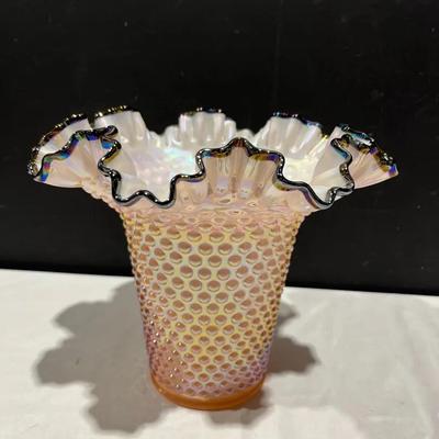 Vintage Fenton Bubblegum Pink Opalescent Hobnail Ruffle Edge Art Glass Vase