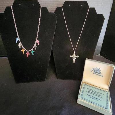 Set Of (2) Cross Necklaces, Variety Of Colors, Rhinestone Cross