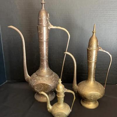Vintage Brass Etched Indian Oil Pitchers, Tea Pots or Coffee Pots - Set of 3, Dellah, Genie Lamps