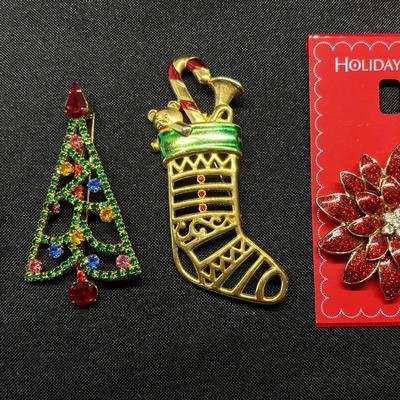 Holiday Pins - Christmas Trees, Stockings, Holiday Lane Poinsetta - Gold Finish