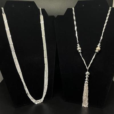 Liz Claiborne Long Multi Strand Silver Tone and Layered Curb Chain Tassel Necklace NWT