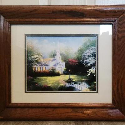 Church Scene Print, Wooden Frame With Glass, Trees, Bridge 