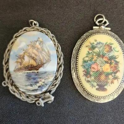 (2) Large Pendants, Ship, Sailing, Coventry, Flowers, Silver Tone