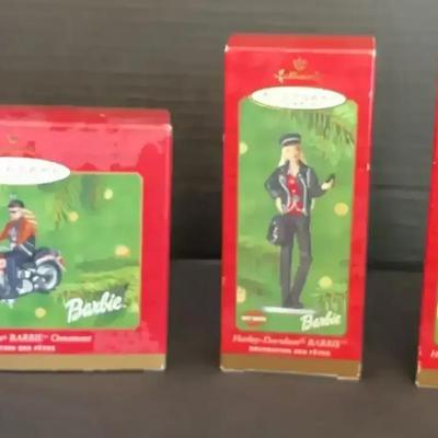 3 Harley Davidson HD Motorcycle Barbie Hallmark Keepsake Ornaments, dated 2000-2001 in box