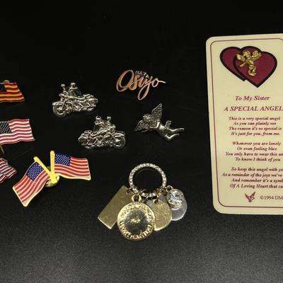 Pins! American Flags, Motorcycle, Angels, Osiyo! Worthington Pendant! 10 Pieces