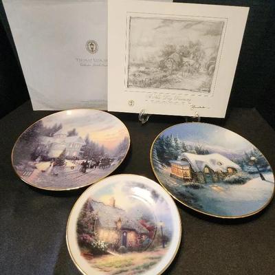 Thomas Kinkade Collector Plates, Saucer, & Artist's Sketch. Gold Rimmed