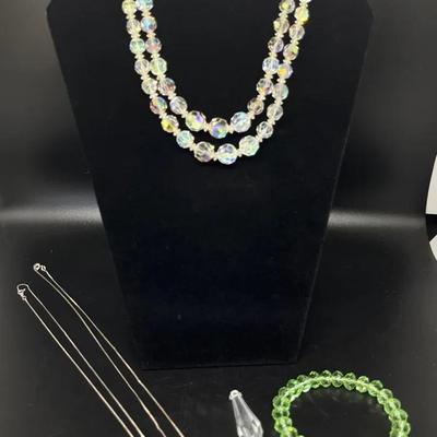 Crystal Beaded Double Strand Choker, Pendant Necklaces, Bracelet - 5 piece, Silver Finish