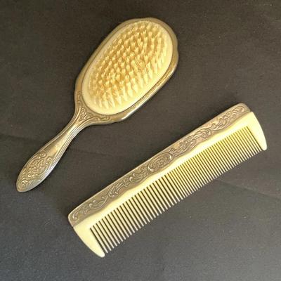 Vintage Silver Plated 2pc Vanity Set - Brush and Comb, Rose Scroll