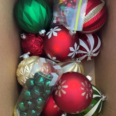 Box Of Plastic Christmas, Ornament, Large Balls, Bells, And Small Balls