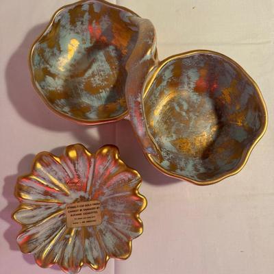 Two NOS Stangl Pottery Pieces. 22k Gold Brushed Finish Ashtray & Divided Serving Dish