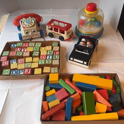 Vintage Fisher Price Police Car w Figures, Telephone, Mini Bus, Playskool Top & Wooden Blocks 