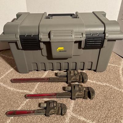 Large Plano Plastic TOOL BOX and 3 Stillson Walworth Adjustable Pipe Wrenches, 10”, 14” & 16”.