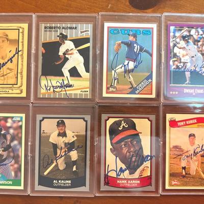 8 Autographed Baseball Cards. Kaline, Dawson, Garagiola, Kubrick, Maddox, Hank Aaron