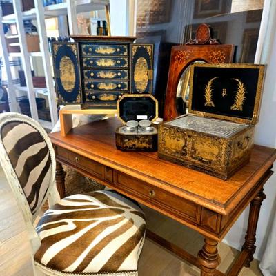 Antique desk and tea caddies