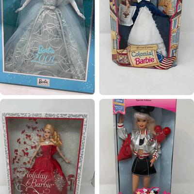 Barbie 2001, Colonial, 2012 Holiday Barbie, and 25th Anniversary Walt Disney Word Barbie Dolls