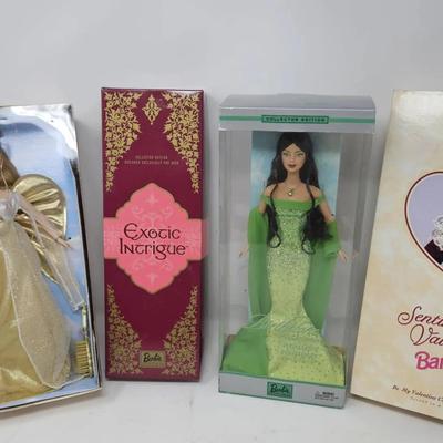 Angelic, Exotic Intrigue, Birthstone Augus/Peridot, and Sentimental Valentine Barbie Dolls