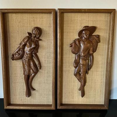 Mid Century Framed Wood Figures 