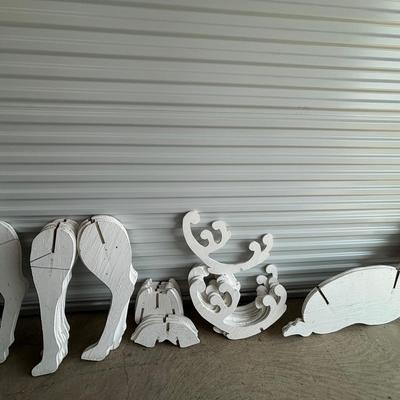 Wooden Trees And Complete White Sled/Reindeer Lawn Decoration 