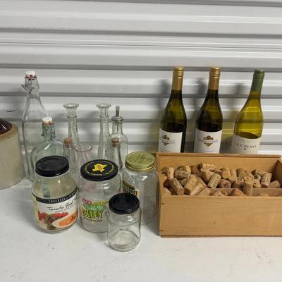 Set Of Bottles, Jars, Empty Wine And Wine Corks 