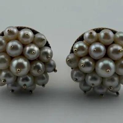 14k Yellow Good Pearl Cluster Clip-On Earrings