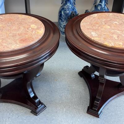 Pair of Round Wooden Pink Marble-Top End Tables