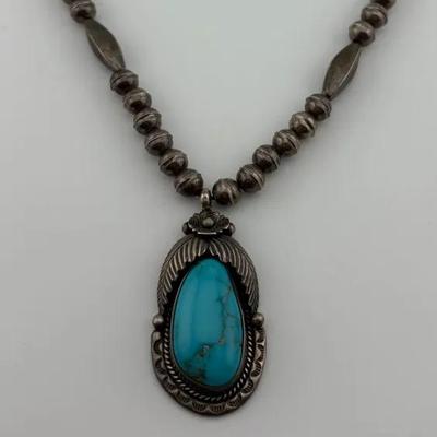 Signed Sterling Silver Southwestern Native Turquoise Necklace
