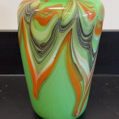 Signed Colorful Green Art Glass Vase