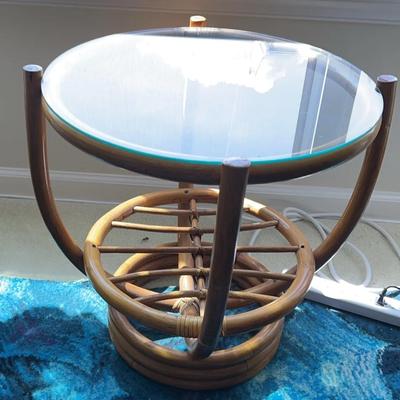 Round Bamboo Glass Top Side Table