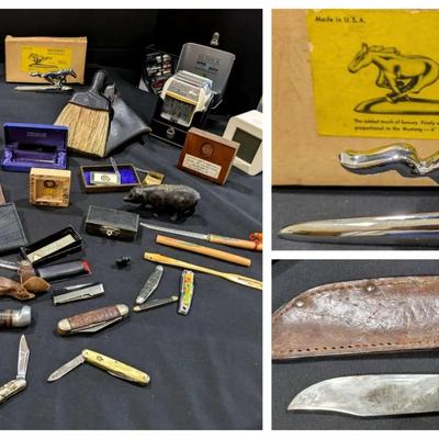 Vintage Mustang Hood Ornament, Pocket Knives, Clocks & More