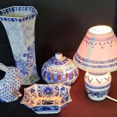 Blue & White Porcelain Decor with Lamp & Vase