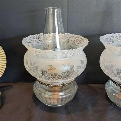 Vintage Kerosene Lamps with Etched Floral Glass & Brass Base