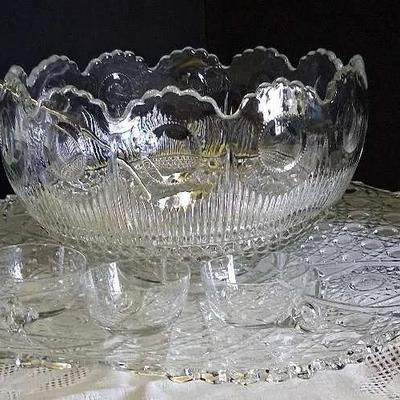 Heavy Cut Glass Punch Bowl with Base, Glasses & Ladle