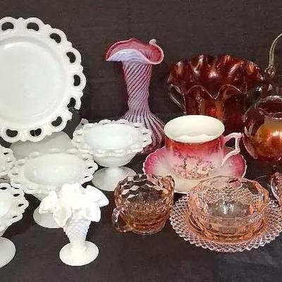 Fenton Spiral Vase with Cranberry, Milk Glass & More