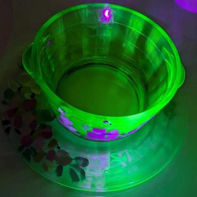 Uranium Glass Bowl and Plate with Hand-Painted Floral Design