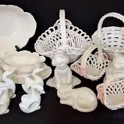 Porcelain Decor Featuring Haviland Gravy Boat & Woven Baskets