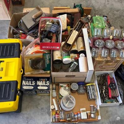 Toolbox, Nails, Screws & Assorted Garage Hardware