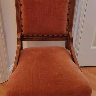 Antique Carved Wood Accent Chair with Velvet Upholstery
