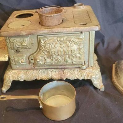Antique Cast Iron Miniature Toy Stove with Accessories