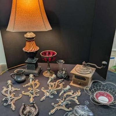 Antique Coffee Grinder, Candelabras, and Decorative Accents
