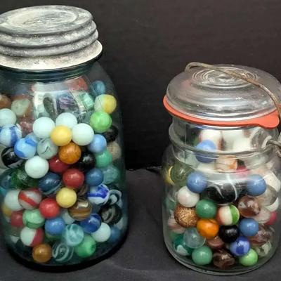 Vintage Marble Collection in Antique Jars Featuring Clay & Uranium Glass