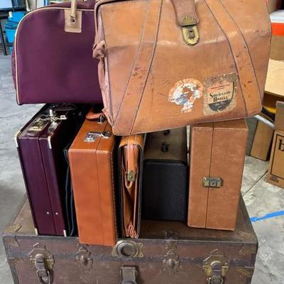 Vintage Steamer Trunk, Barnett & Jaffe Slide Case, Leather Briefcases and Portable Bar Set