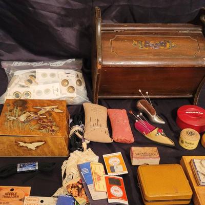 Vintage Wooden Sewing Box with Sewing Notions and Accessories