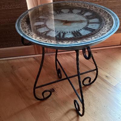 Wrought Iron & Glass Topped Clock Table