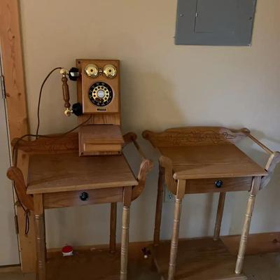 Oak Telephone Stands With Replica Antique Phone