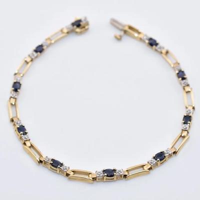 14k Yellow Gold Blue Sapphire & Diamond Bracelet