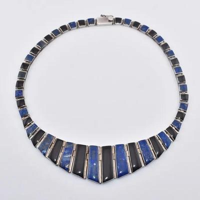 Sterling Silver Lapis Lazuli & Onyx Statement Necklace