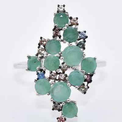 Sterling Silver Natural Unheated Emerald & Colored Sapphire Cluster Ring