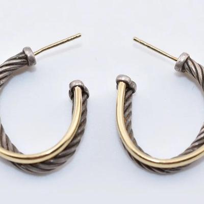 David Yurman - Sterling Silver & 18k Yellow Gold Sculpted Cable Elongated Open Hoop Earrings
