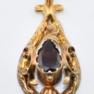 Antique Victorian Ornate 9K Yellow Gold 4 Carat Pear Garnet Pendant - Circa 1870